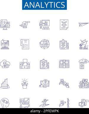 Analytics line icons signs set. Design collection of Analytics, Tracking, Data, Measurement, Insight, Metrics, Monitoring, Reporting outline concept Stock Vector
