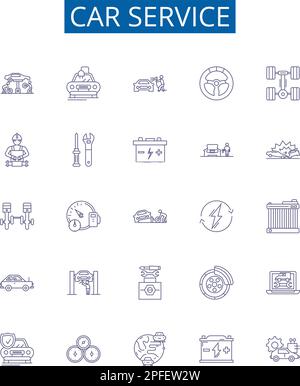 Car service line icons signs set. Design collection of Automotive, Repair, Maintenance, Tune up, Diagnostics, Waxing, Oil, Change outline concept Stock Vector