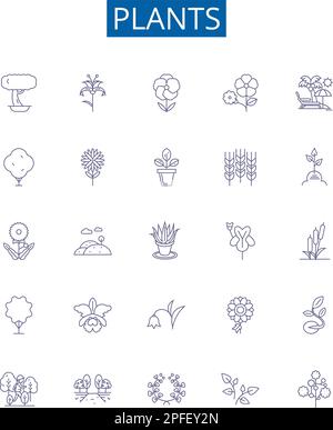 Plants line icons signs set. Design collection of Flora, Growth, Photosynthesis, Foliage, Algae, Trees, Shrubs, Petals outline concept vector Stock Vector