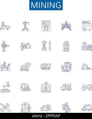 Mining line icons signs set. Design collection of Extracting, Digging, Unearthing, Uncovering, Drilling, Essaying, Quarrying, Panning outline concept Stock Vector