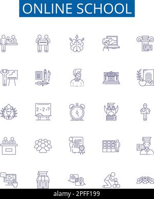 Online school line icons signs set. Design collection of E learning, Virtual, Online, Academy, Classes, Tutoring, Courses, Instruction outline concept Stock Vector