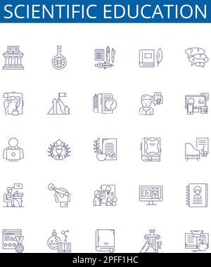 Scientific education line icons signs set. Design collection of Scientific, Education, Knowledge, Learning, Technology, Experiment, Method, Analysis Stock Vector