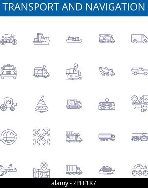 Transport and navigation line icons signs set. Design collection of Transportation, Navigation, Ships, Planes, Boats, Roads, Maps, Tracks outline Stock Vector