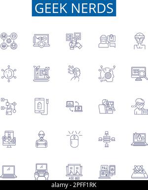 Geek nerds line icons signs set. Design collection of Geek, Nerds, Technology, Programmer, Computer, Nerd, Geeky, Coder outline concept vector Stock Vector