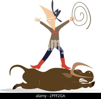 Cartoon farmer or cowboy and bull. Farm. Rodeo. Farmer or cowboy with lasso stands on laying bull. Isolated on white background Stock Vector