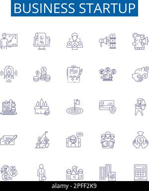 Business startup line icons signs set. Design collection of Entrepreneur, Funding, Networking, Planning, Investors, Market, Research, Launch outline Stock Vector