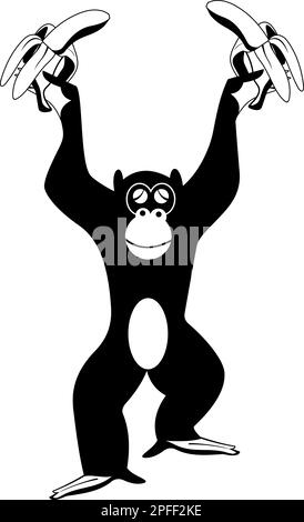 Monkey holding bananas. Cute monkey holding bananas. Black and white illustration Stock Vector