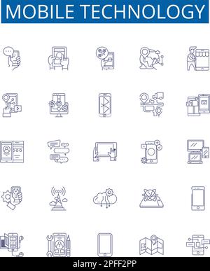 Mobile technology line icons signs set. Design collection of Smartphone, Apps, Network, Wireless, GPS, Bluetooth, LTE, 4G outline concept vector Stock Vector