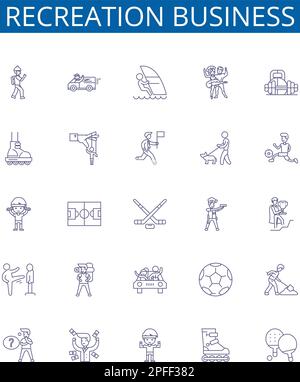 Recreation business line icons signs set. Design collection of Recreation, Entertainment, Amusement, Sports, Leisure, Adventure, Outdoor, Gaming Stock Vector