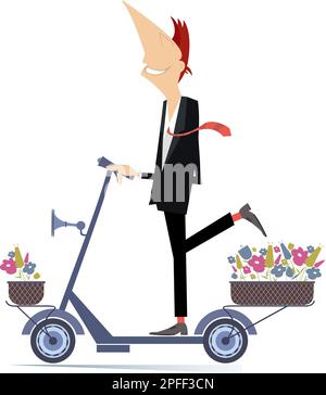Young man, scooter and bouquets of flowers.  Smiling young man rides on scooter with bunches of flowers in the baskets. Isolated on white background Stock Vector
