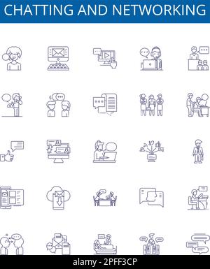 Chatting and networking line icons signs set. Design collection of Chatting, Networking, Messaging, Socializing, Communicating, Connecting Stock Vector
