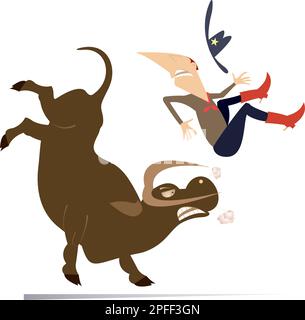 Farmer or cowboy and angry bull illustration. Rodeo. Bull raised farmer or cowboy by horns. Isolated on white background Stock Vector