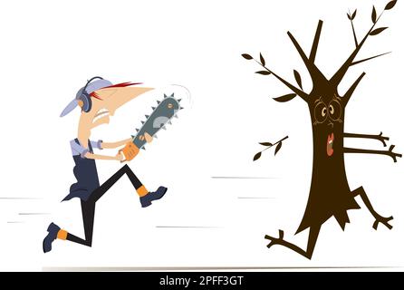 Cartoon worker with chainsaw, tree. Cartoon tree running away from woodcutter with chainsaw. Isolated on white background Stock Vector