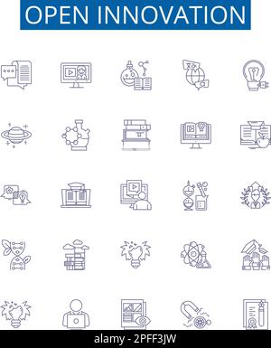 Open innovation line icons signs set. Design collection of Open, Innovation, Collaboration, Sharing, Co Creation, Knowledge, Platforms, Exchange Stock Vector