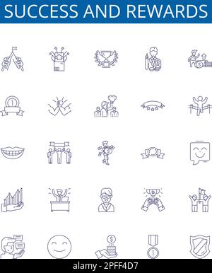 Success and rewards line icons signs set. Design collection of Achievement, Triumph, Honor, Profit, Riches, Gain, Prudence, Merit outline concept Stock Vector