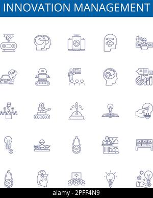Innovation management line icons signs set. Design collection of Innovate, Manage, Create, Visionary, Change, Develop, Strategic, Process outline Stock Vector