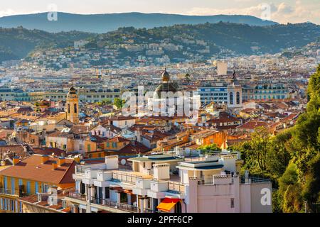 Nice, France - July 30, 2022: Nice panorama with Vieille Ville historic old town district with Saint Reparata Cathedral at French Riviera Stock Photo