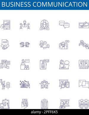Business communication line icons signs set. Design collection of Networking, Strategies, Negotiation, Reports, Presentations, Courses, Quality Stock Vector