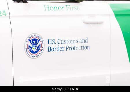 Laredo, Texas, USA - February 19, 2022: The Anheuser-Busch Washington’s Birthday Parade, Close up of the U.S. Customs and Border Protection logo on an Stock Photo