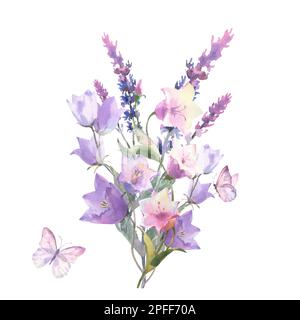 Watercolor botanical illustration, wild flowers bouquet with blue and pink Cornflower herb and and sage with violet butterflies, isolated on white bac Stock Photo