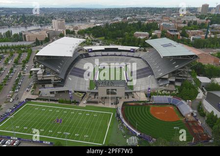 A general overall aerial view of Husky Stadium on the campus of the University of Washington, Wednesday, June 15, 2022, in Seattle. Stock Photo