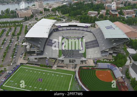 A general overall aerial view of Husky Stadium on the campus of the University of Washington, Wednesday, June 15, 2022, in Seattle. Stock Photo