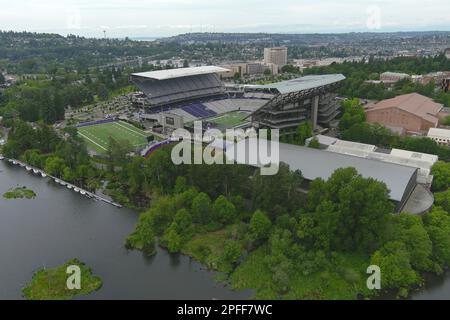 A general overall aerial view of Husky Stadium on the campus of the University of Washington, Wednesday, June 15, 2022, in Seattle. Stock Photo