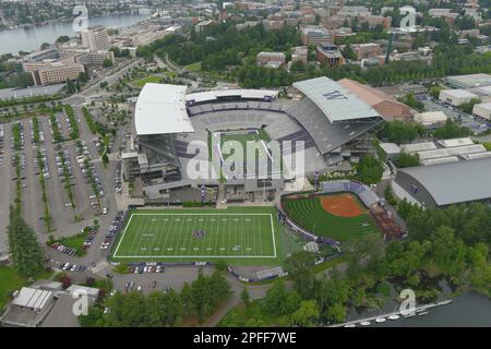 A general overall aerial view of Husky Stadium on the campus of the University of Washington, Wednesday, June 15, 2022, in Seattle. Stock Photo