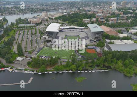 A general overall aerial view of Husky Stadium on the campus of the University of Washington, Wednesday, June 15, 2022, in Seattle. Stock Photo