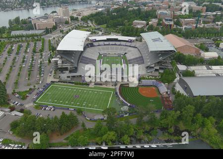 A general overall aerial view of Husky Stadium on the campus of the University of Washington, Wednesday, June 15, 2022, in Seattle. Stock Photo