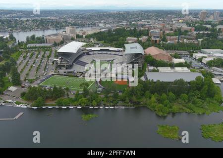 A general overall aerial view of Husky Stadium on the campus of the University of Washington, Wednesday, June 15, 2022, in Seattle. Stock Photo