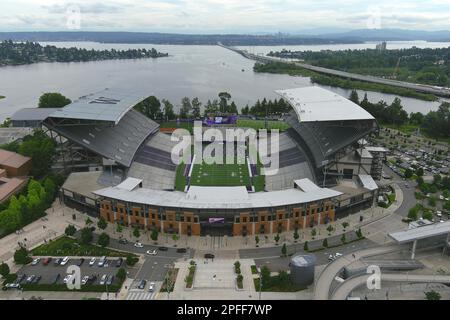 A general overall aerial view of Husky Stadium on the campus of the University of Washington, Wednesday, June 15, 2022, in Seattle. Stock Photo