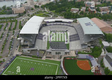 A general overall aerial view of Husky Stadium on the campus of the University of Washington, Wednesday, June 15, 2022, in Seattle. Stock Photo