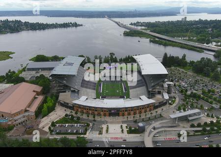 A general overall aerial view of Husky Stadium on the campus of the University of Washington, Wednesday, June 15, 2022, in Seattle. Stock Photo