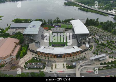 A general overall aerial view of Husky Stadium on the campus of the University of Washington, Wednesday, June 15, 2022, in Seattle. Stock Photo