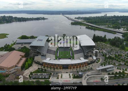 A general overall aerial view of Husky Stadium on the campus of the University of Washington, Wednesday, June 15, 2022, in Seattle. Stock Photo