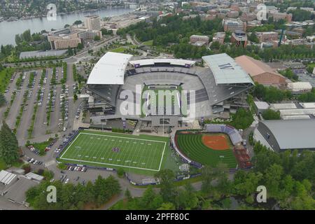 A general overall aerial view of Husky Stadium on the campus of the University of Washington, Wednesday, June 15, 2022, in Seattle. Stock Photo