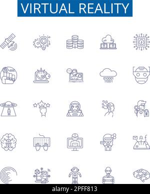 Virtual reality line icons signs set. Design collection of Virtual, Reality, Augmented, Simulation, 3D, Immersive, headset, VR outline concept vector Stock Vector
