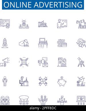 Online advertising line icons signs set. Design collection of Digital, Ads, Internet, Promotions, Marketing, Optimization, Placement, Branding outline Stock Vector