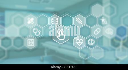 Graphic suitable as icon image for doctor and data as header. Icons for data, cloud, medicine, diagnosis and medical care in honeycomb. Stock Photo