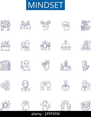 Mindset line icons signs set. Design collection of Attitude, Outlook, Perspective, Psyche, Disposition, Worldview, Thinking, Tenor outline concept Stock Vector