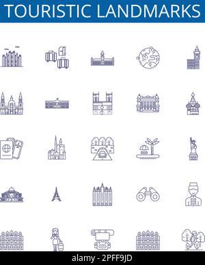 Touristic landmarks line icons signs set. Design collection of Tourist, Landmarks, Monuments, Palaces, Churches, Castles, Ruins, Statues outline Stock Vector