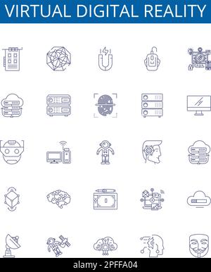 Virtual digital reality line icons signs set. Design collection of virtual, digital, reality, technology, immersive, experience, environment Stock Vector