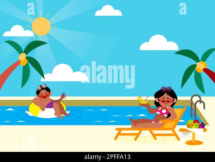 background with happy couple characters enjoying swimming, tanning in the pool Stock Photo