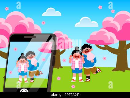 background with happy couple characters enjoying spring picnic under cherry blossoms tree Stock Photo