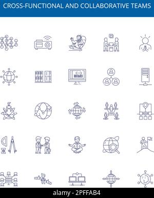 Cross-functional and collaborative teams line icons signs set. Design ...
