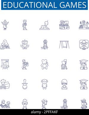 Educational games line icons signs set. Design collection of Educational, Games, Learning, Teaching, Puzzles, Quizzes, Gameshows, Simulations outline Stock Vector