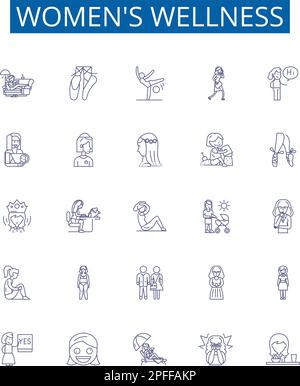 Women's wellness line icons signs set. Design collection of Female, Wellness, Health, Nutrition, Fitness, Self Care, Strength, Balance outline concept Stock Vector