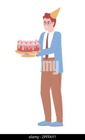 Happy male office worker holding birthday cake semi flat color vector character Stock Vector