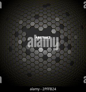 Abstract dark gray background made from hexagons with place for your text. Modern background gradient from made from gray hexagons on a big sphere wit Stock Vector